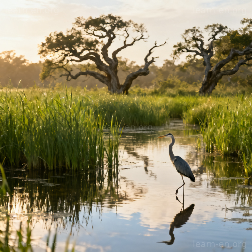 swamp 沼泽场景图解：宁静湿地与苍鹭