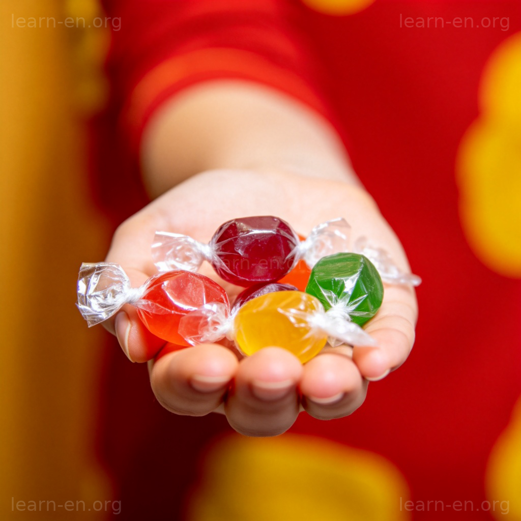 sweet 名词糖果图解：手中握着的彩色糖纸糖果特写