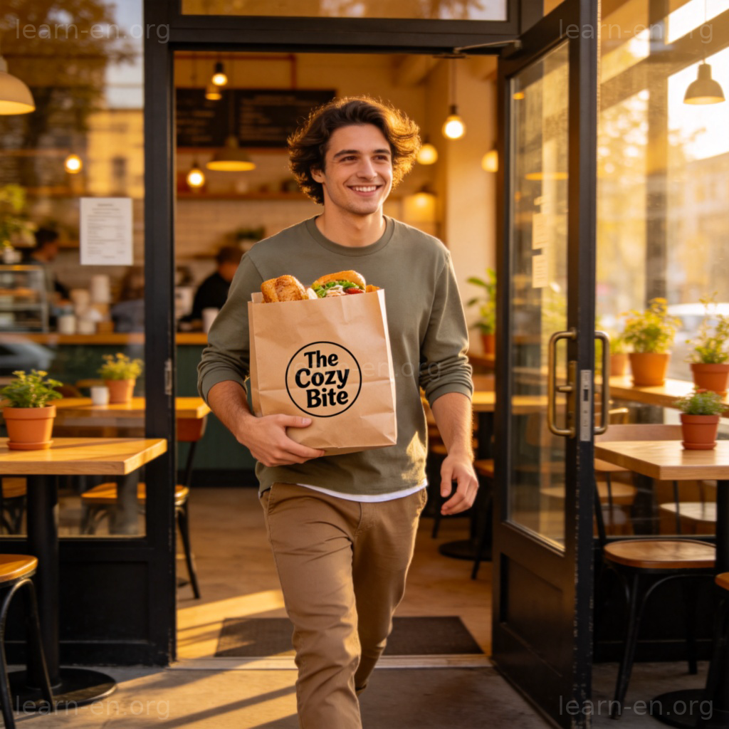 Takeout Bag 外卖袋图解：顾客手持带餐厅标志的纸袋走出咖啡馆