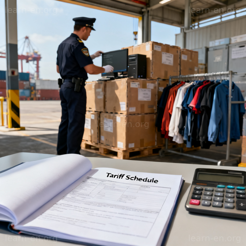 tariff 关税图解：海关官员在港口检查进口货物，桌上摆放关税文件