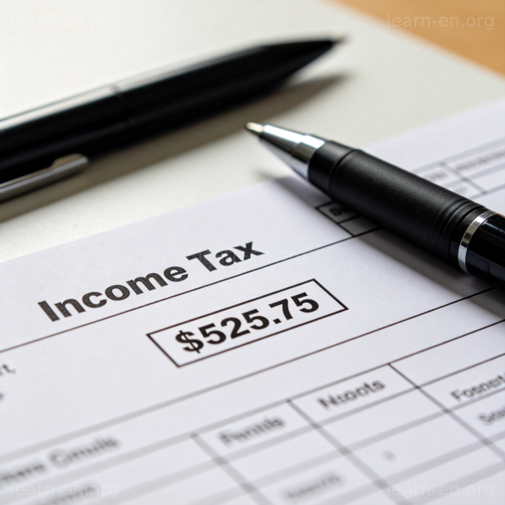 Tax 含义图解：购物小票上的税款与硬币，背景是教室里的老师