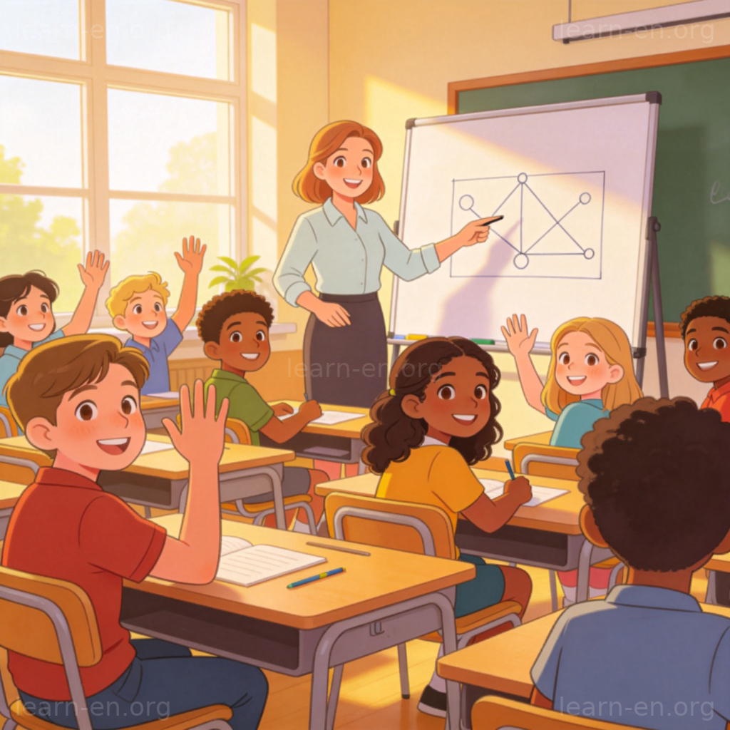 teach 教学场景图解：老师在白板前向学生讲解知识