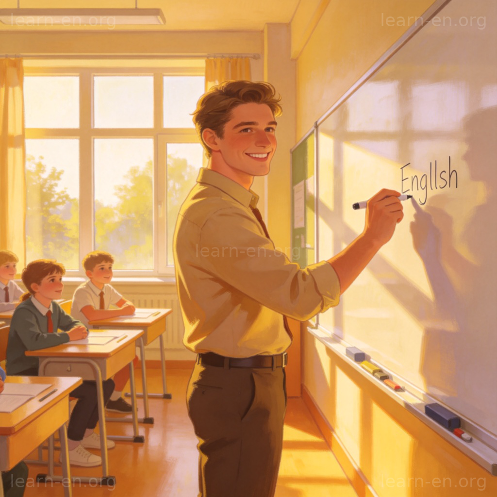 teacher 教师含义图解：老师在明亮教室白板前授课的场景