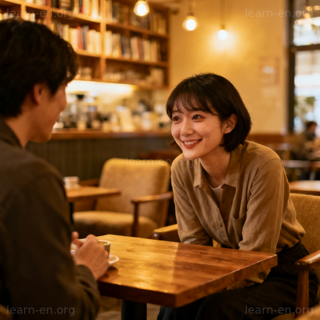 Tell Me About Yourself 场景图解：咖啡馆中两人友好交谈分享故事