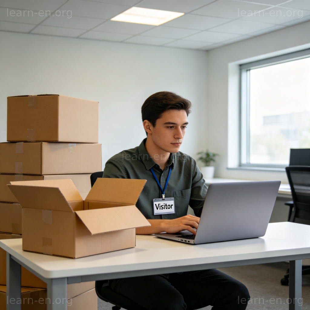 Temp Worker 图解：现代办公室中佩戴访客证的临时工工作场景