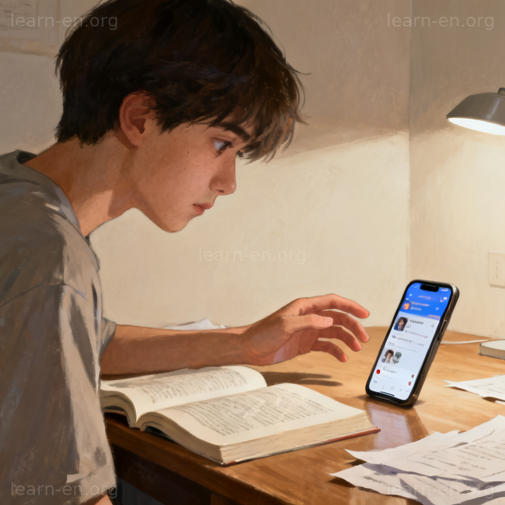 temptation 图解：学生在书桌前犹豫是否拿起手机，展现内心诱惑与挣扎