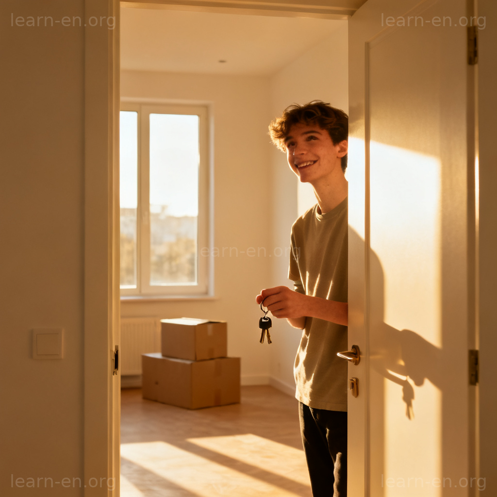 tenant 房客图解：年轻人手持钥匙站在阳光公寓门口