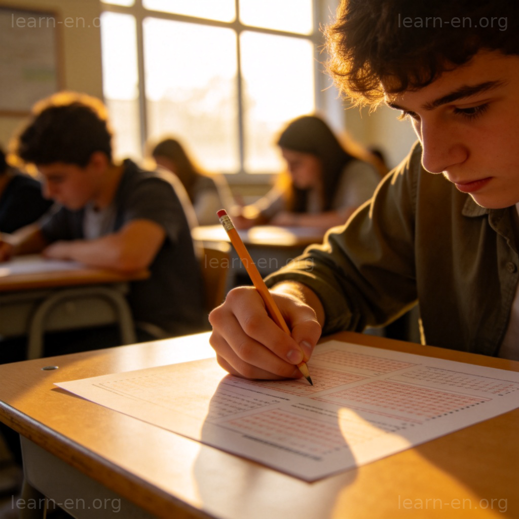 test 词汇图解：学生在教室进行笔试的场景