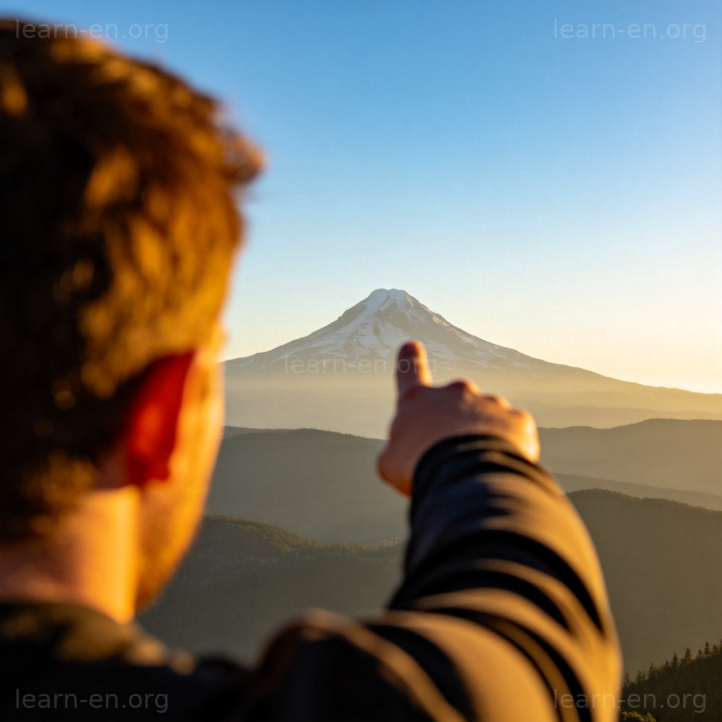 that 指代用法图解：手指向远处山峰的明确指示场景
