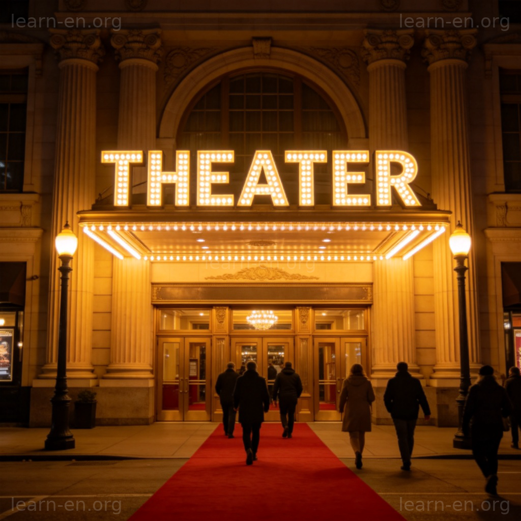 theater 剧院含义图解：夜晚灯火通明的经典剧院建筑外观
