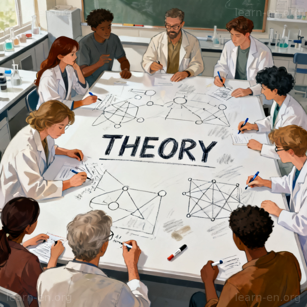 theory 理论含义图解：科学家在白板前讨论理论模型