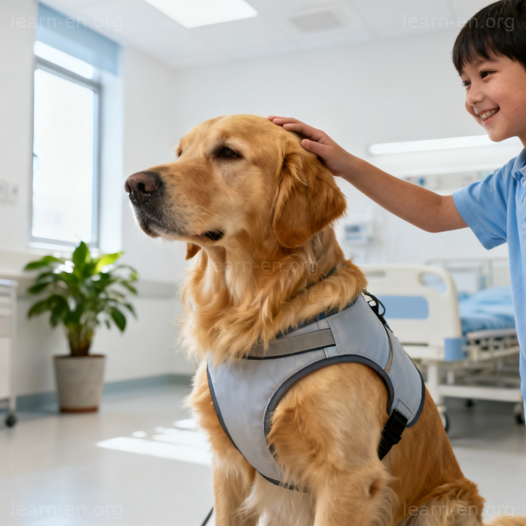 治疗犬图解：温顺金毛佩戴工作背心，在医院与孩子互动