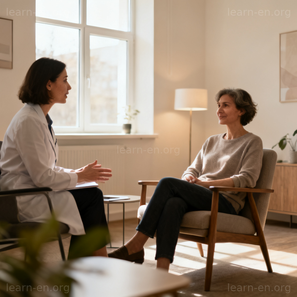 therapy 含义图解：专业治疗师在咨询室与客户进行交流