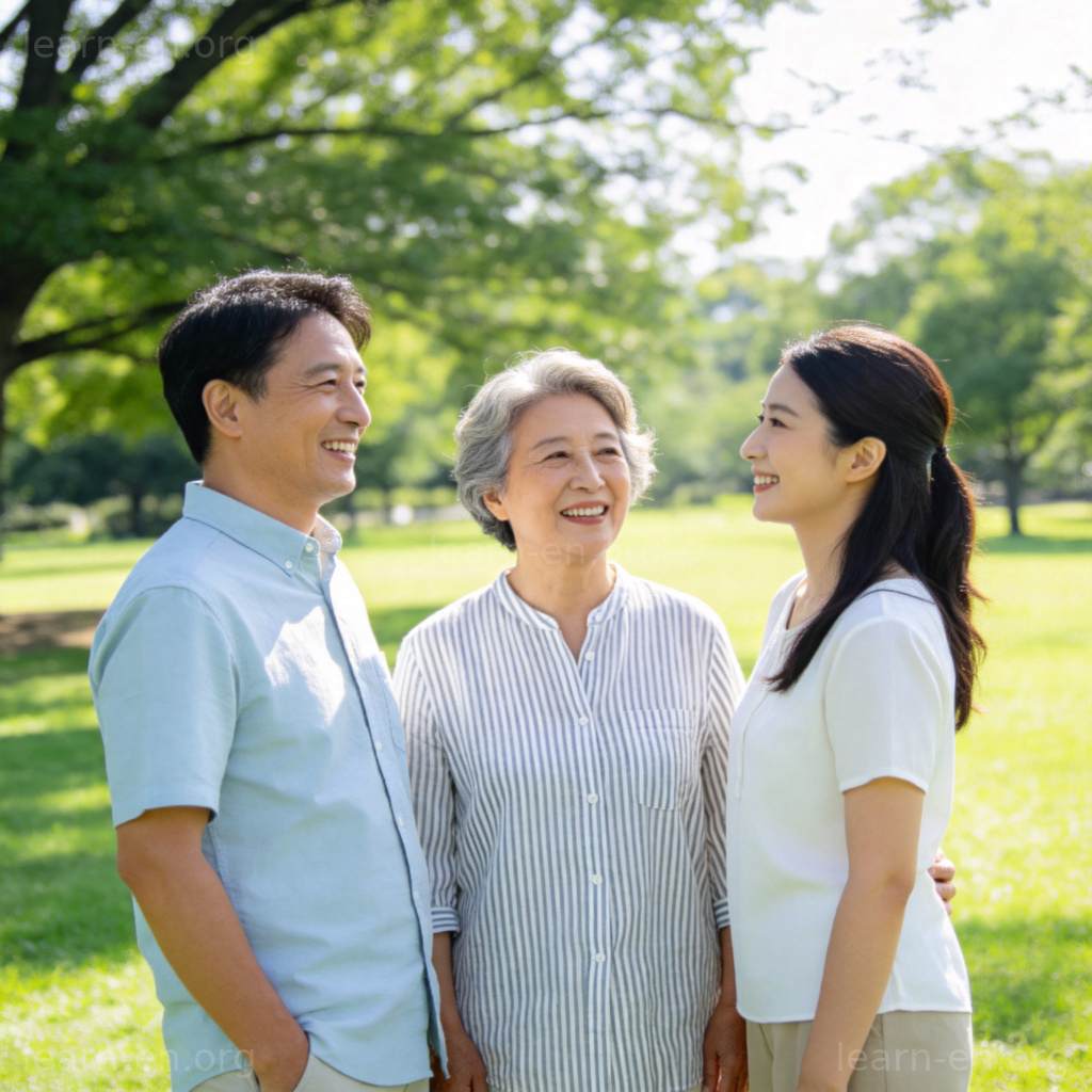 they 代词图解：公园中三人交谈的场景