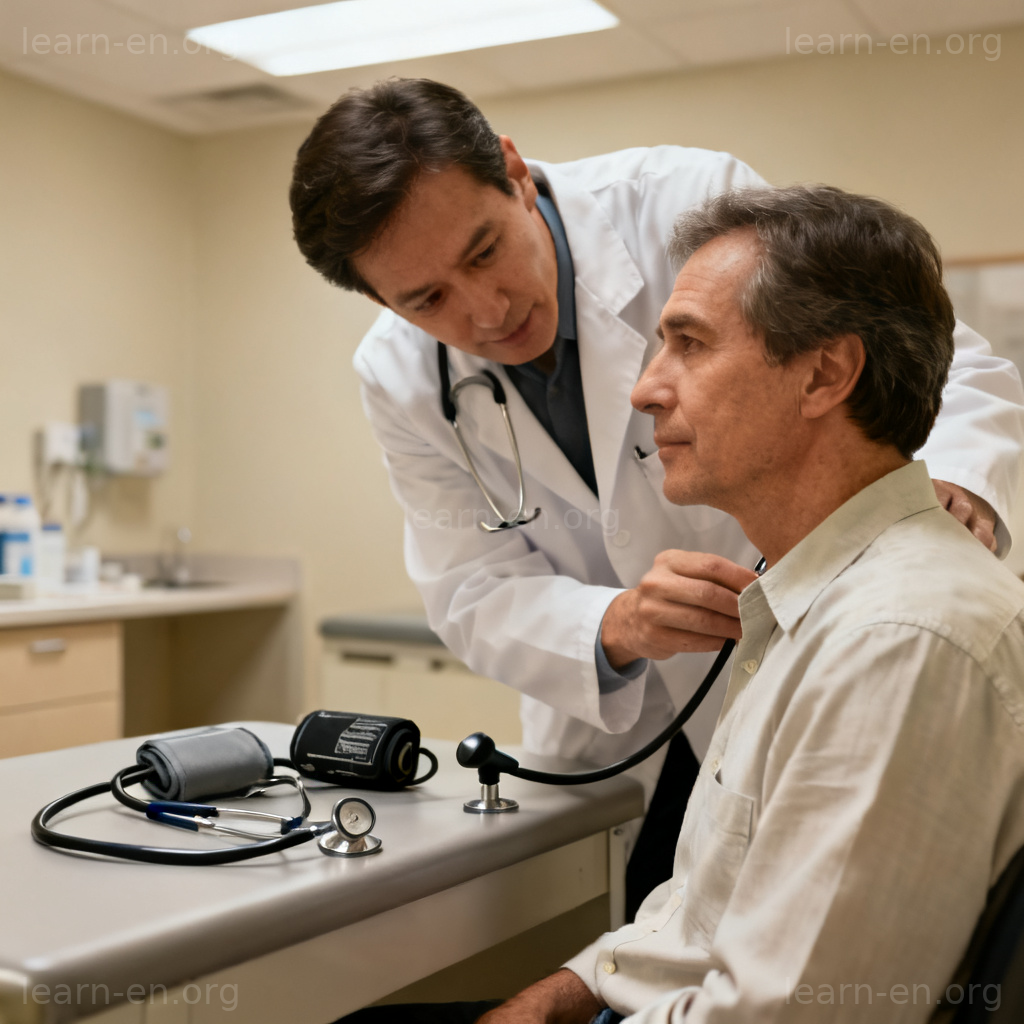 thorough check-up 图解：医生在诊所对病人进行全面细致的检查
