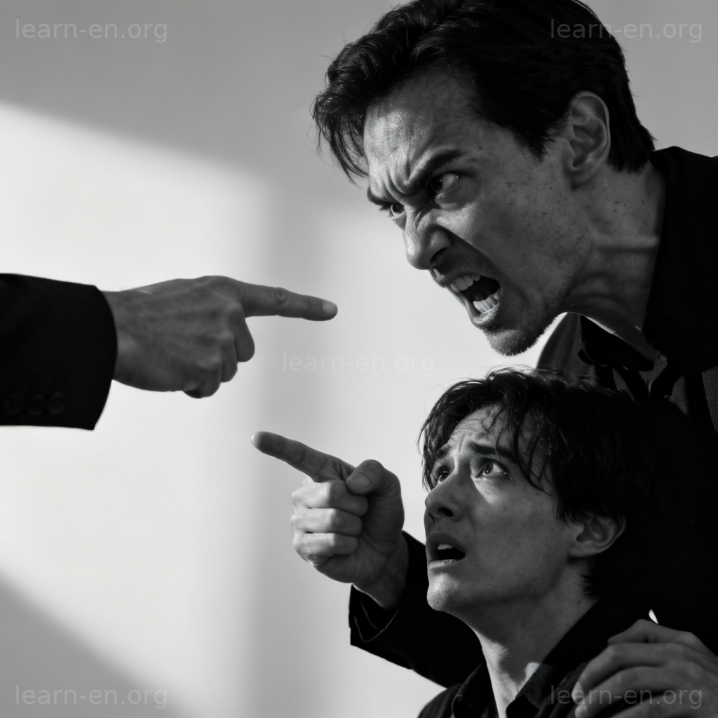 threaten 威胁含义图解：一人愤怒指责，另一人恐惧防御