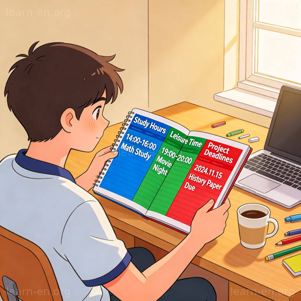 Time Management 时间管理图解：学生使用彩色计划表高效安排学习与休闲