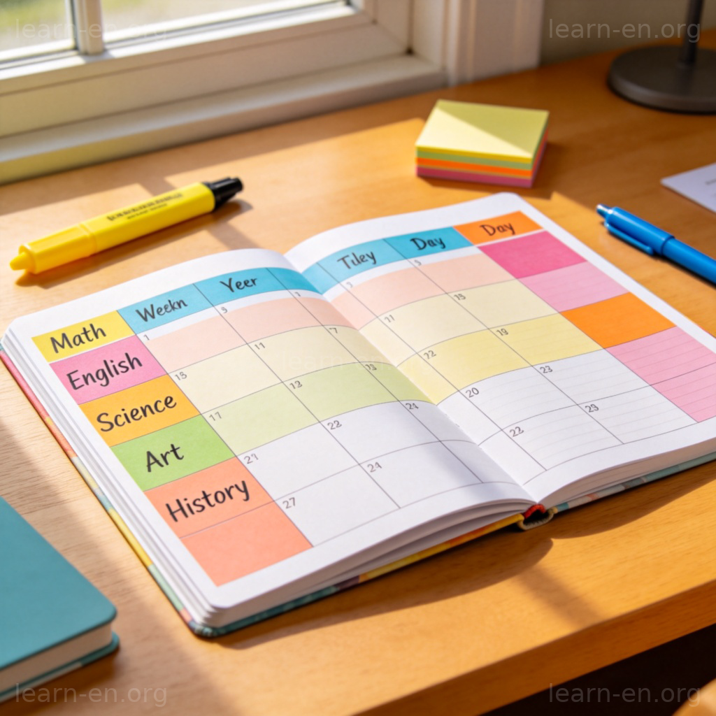 Timetable 图解：学生书桌上的彩色周计划表