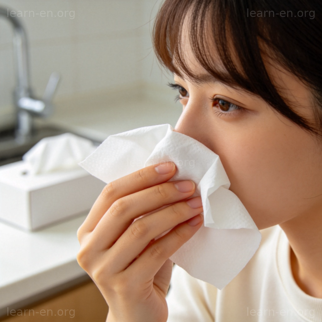 tissue纸巾图解：人物使用白色纸巾擦鼻子的生活场景
