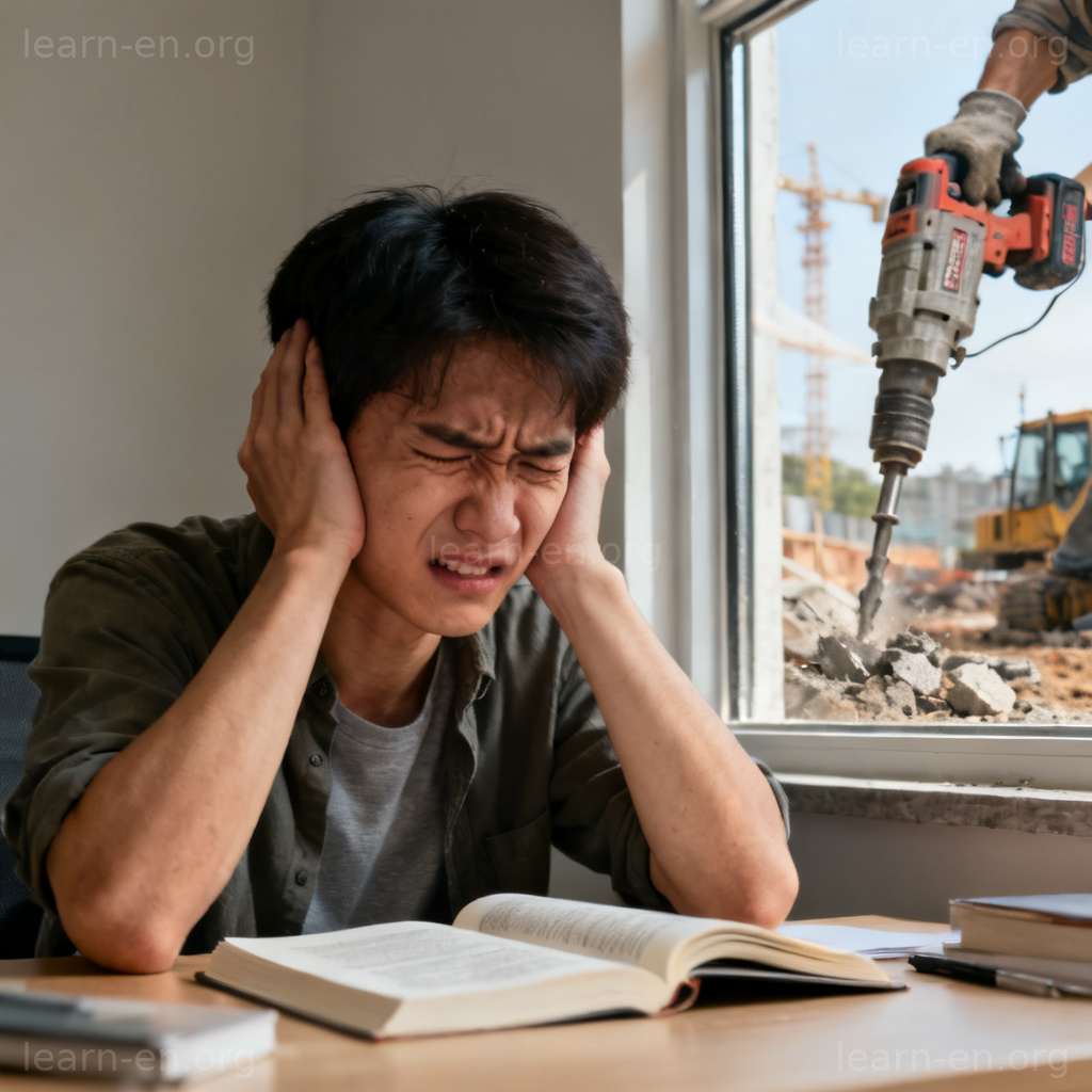 tolerate 忍受含义图解：人物捂耳忍受窗外施工噪音