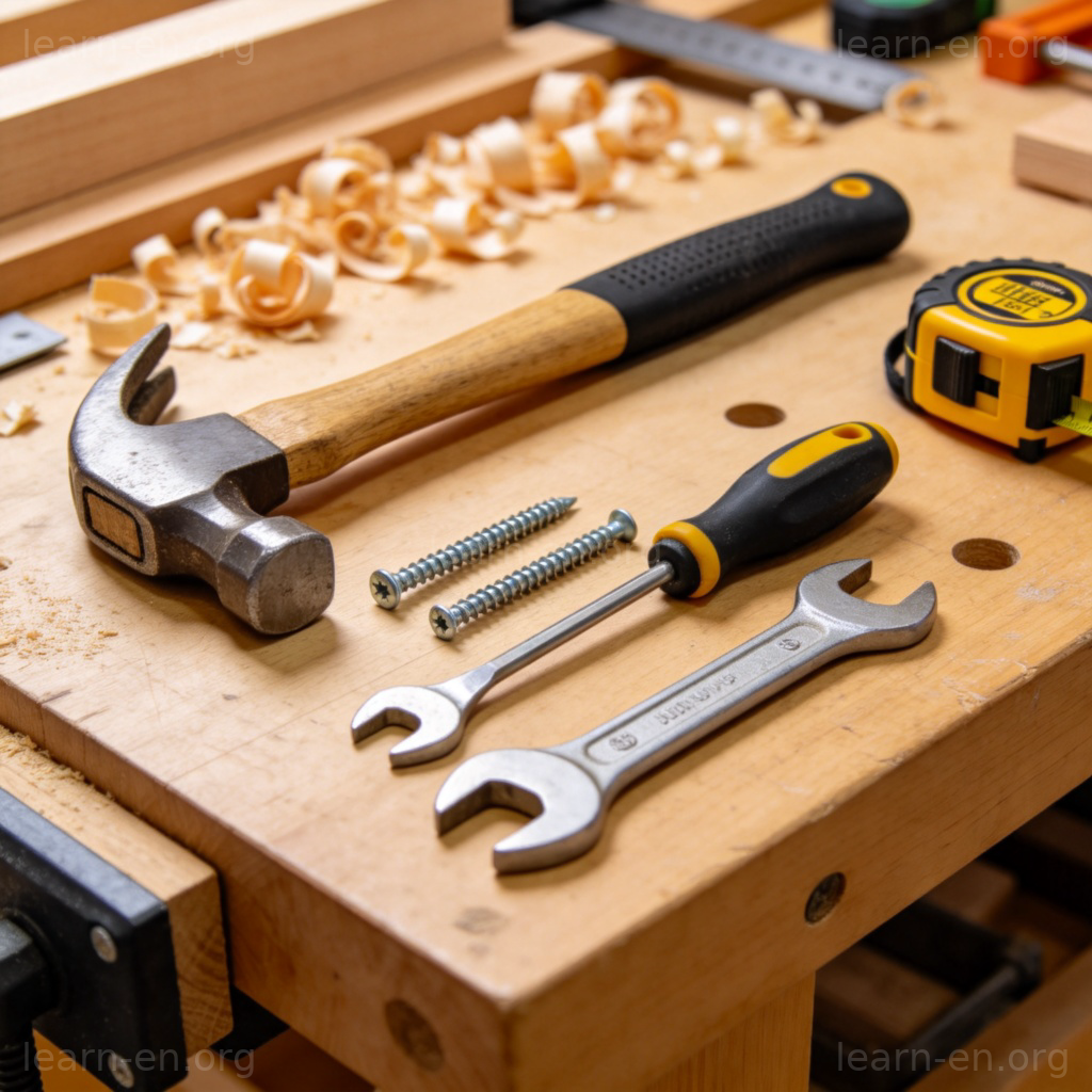 tool 工具含义图解：工作台上整齐摆放的锤子、螺丝刀等手工工具