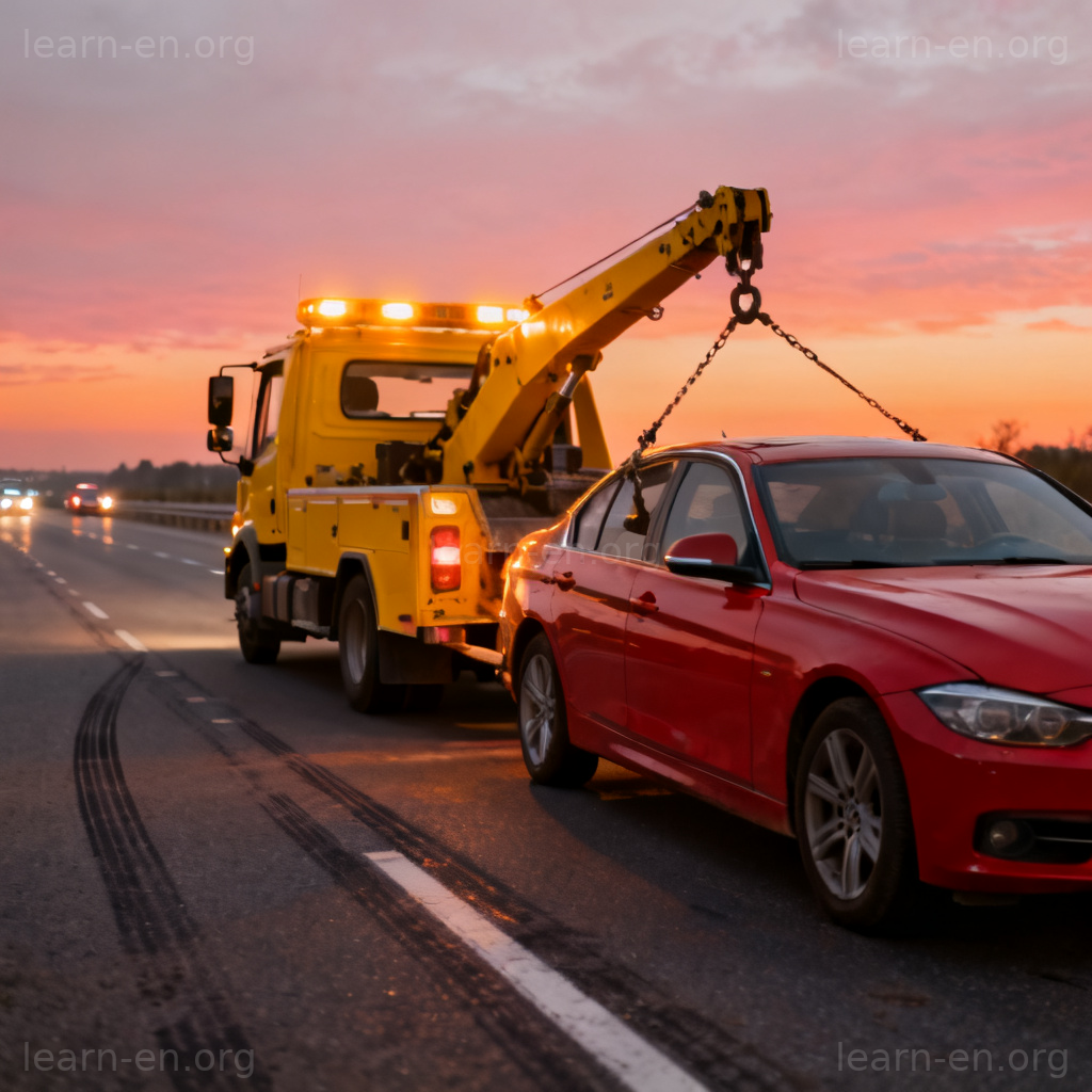tow truck 拖车图解：黄色拖车在高速路上拖运红色轿车