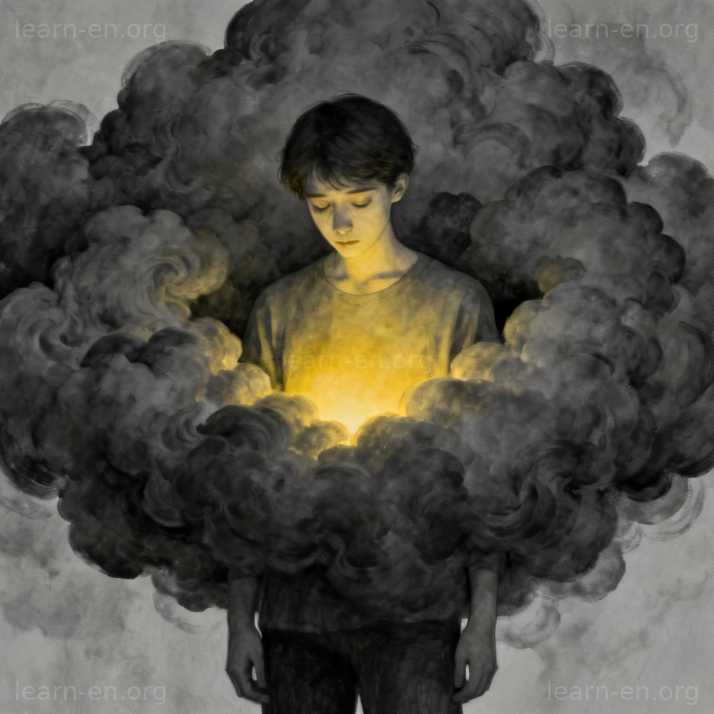 toxic relationship 图解：被灰色情绪阴云笼罩的人，内心透出自我关怀的微光