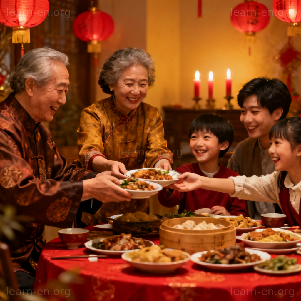tradition 传统图解：多代同堂共享节日盛宴场景