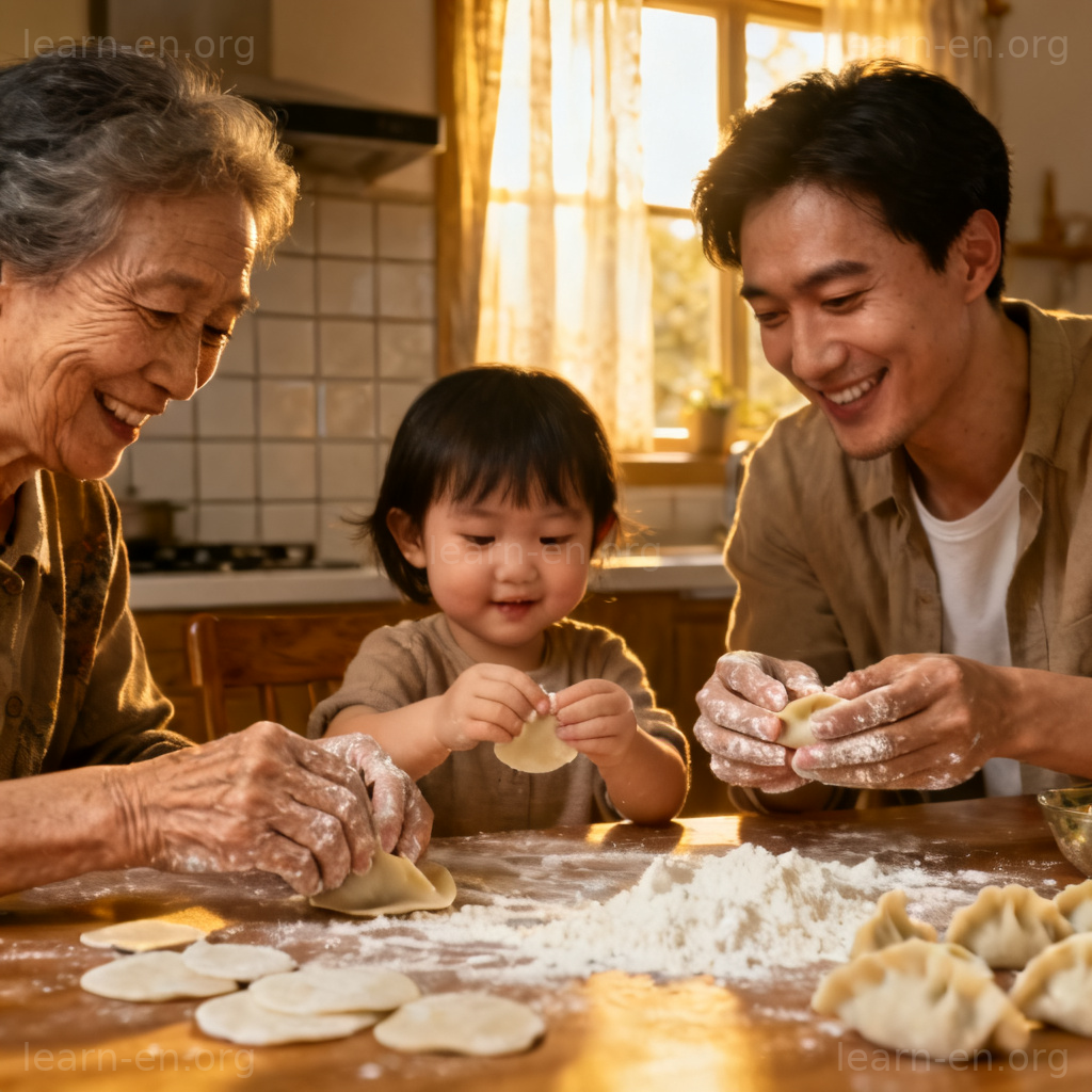 traditional 传统习俗图解：三代同堂包饺子传承文化