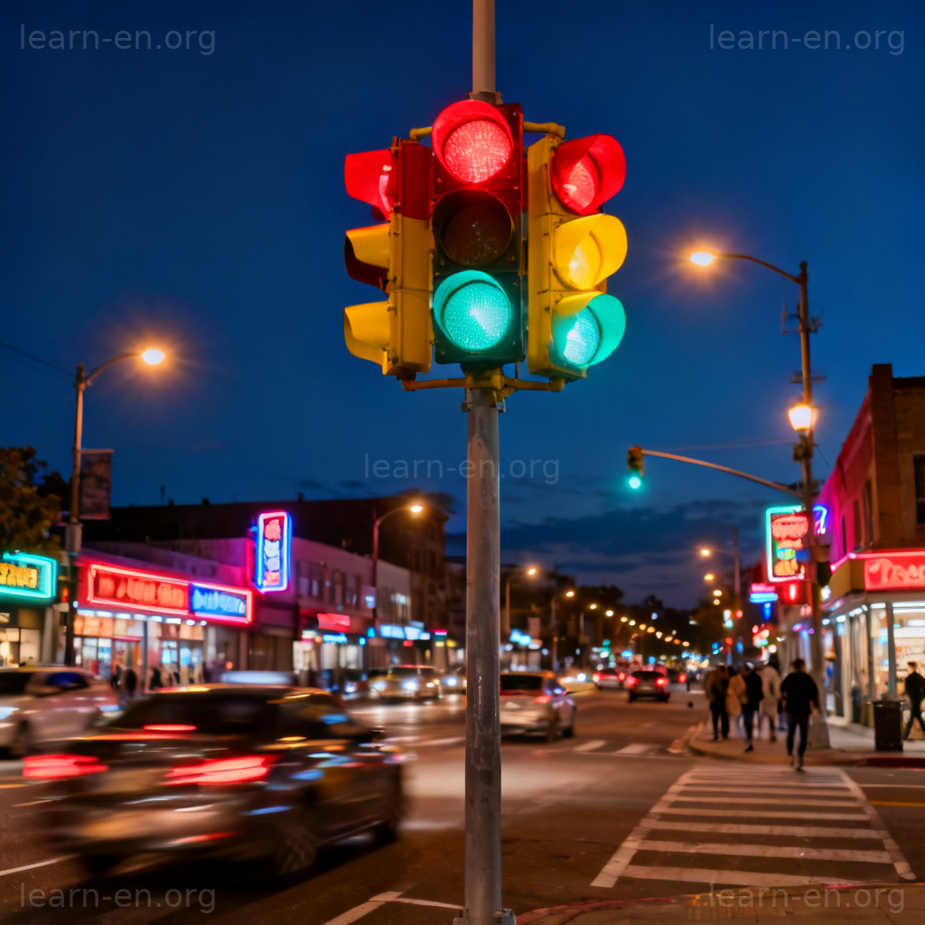 traffic light 红绿灯图解：夜晚繁忙路口红黄绿信号灯清晰可见