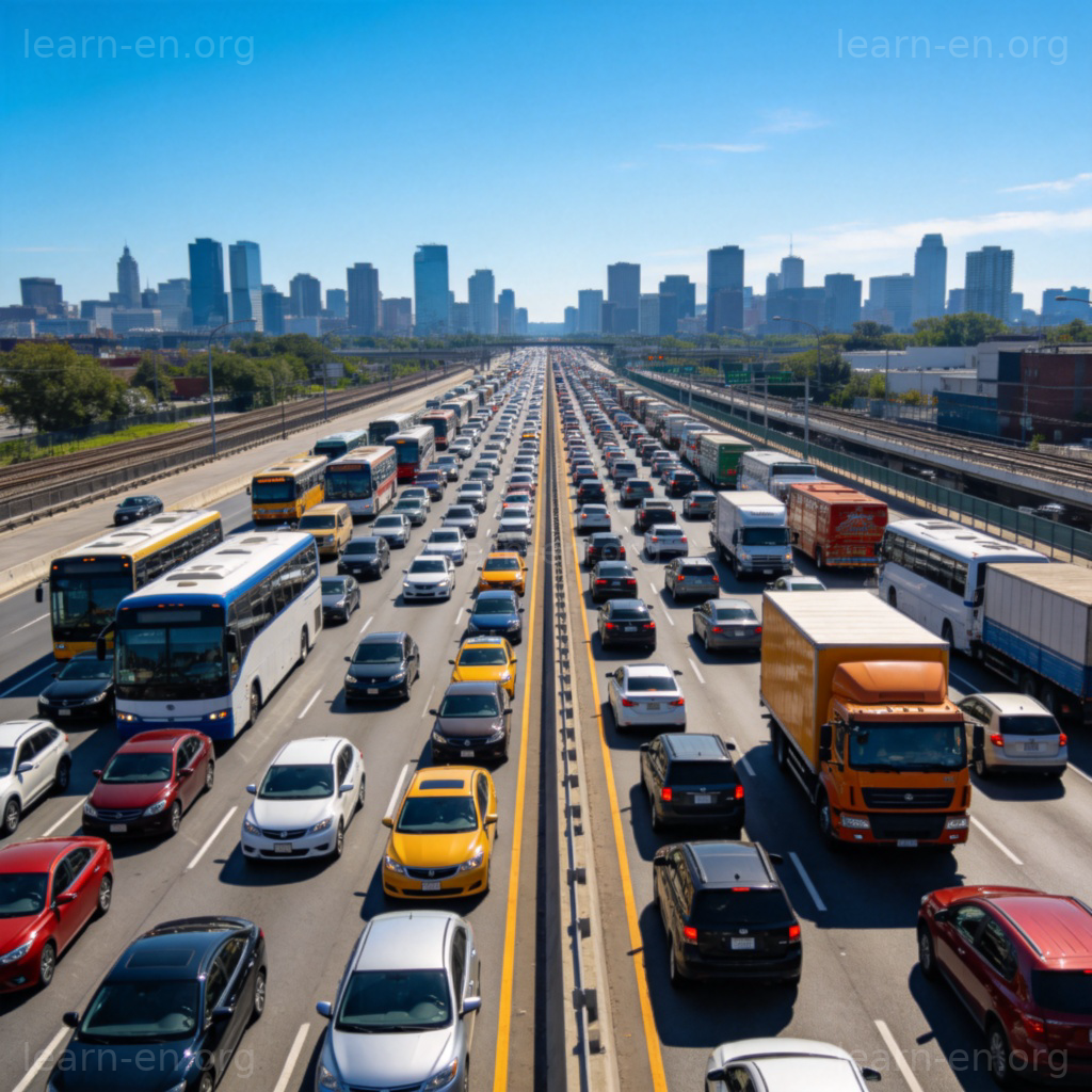 traffic 交通场景图解：城市多车道高速公路上密集的车流
