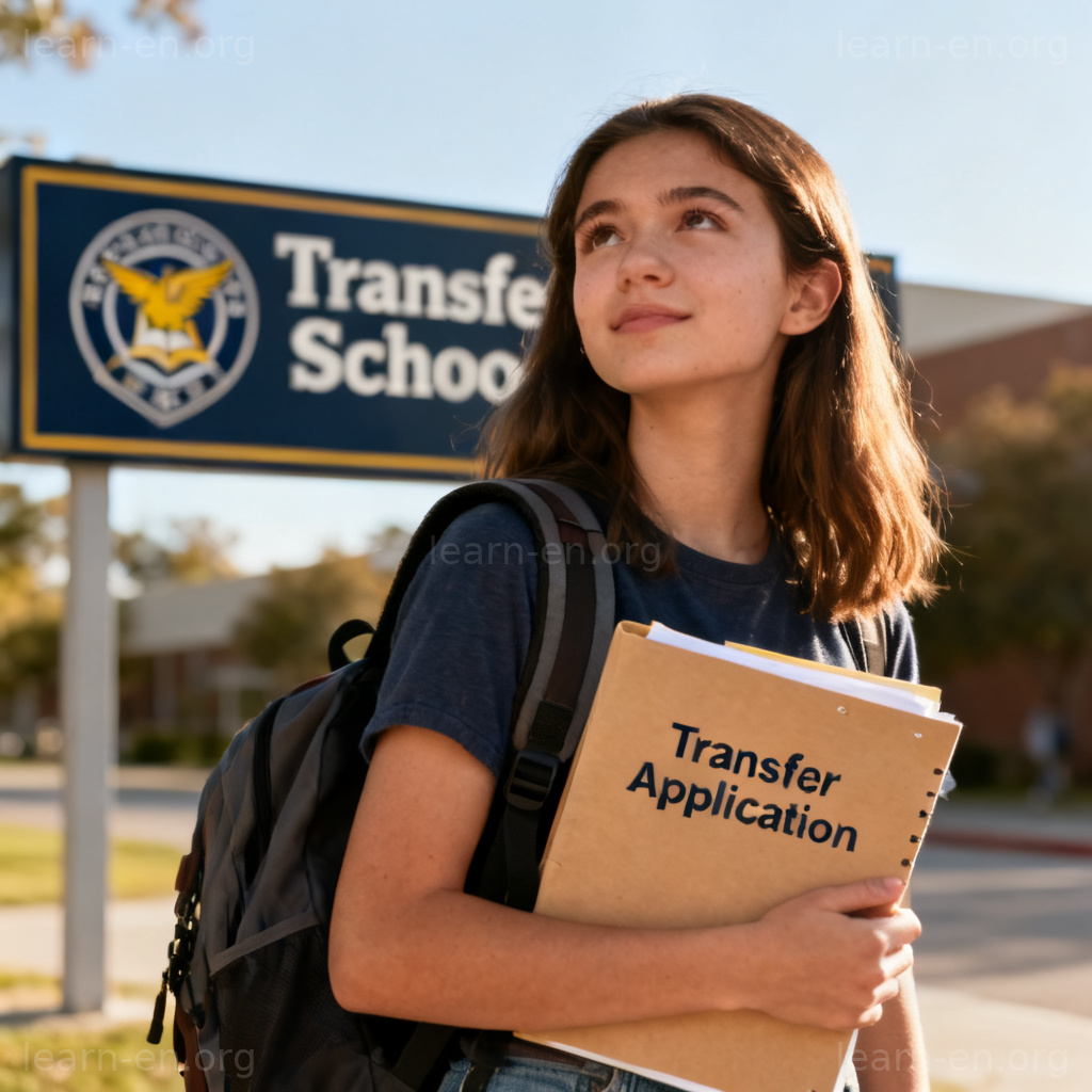 transfer 转移含义图解：学生手持转学申请站在新学校前