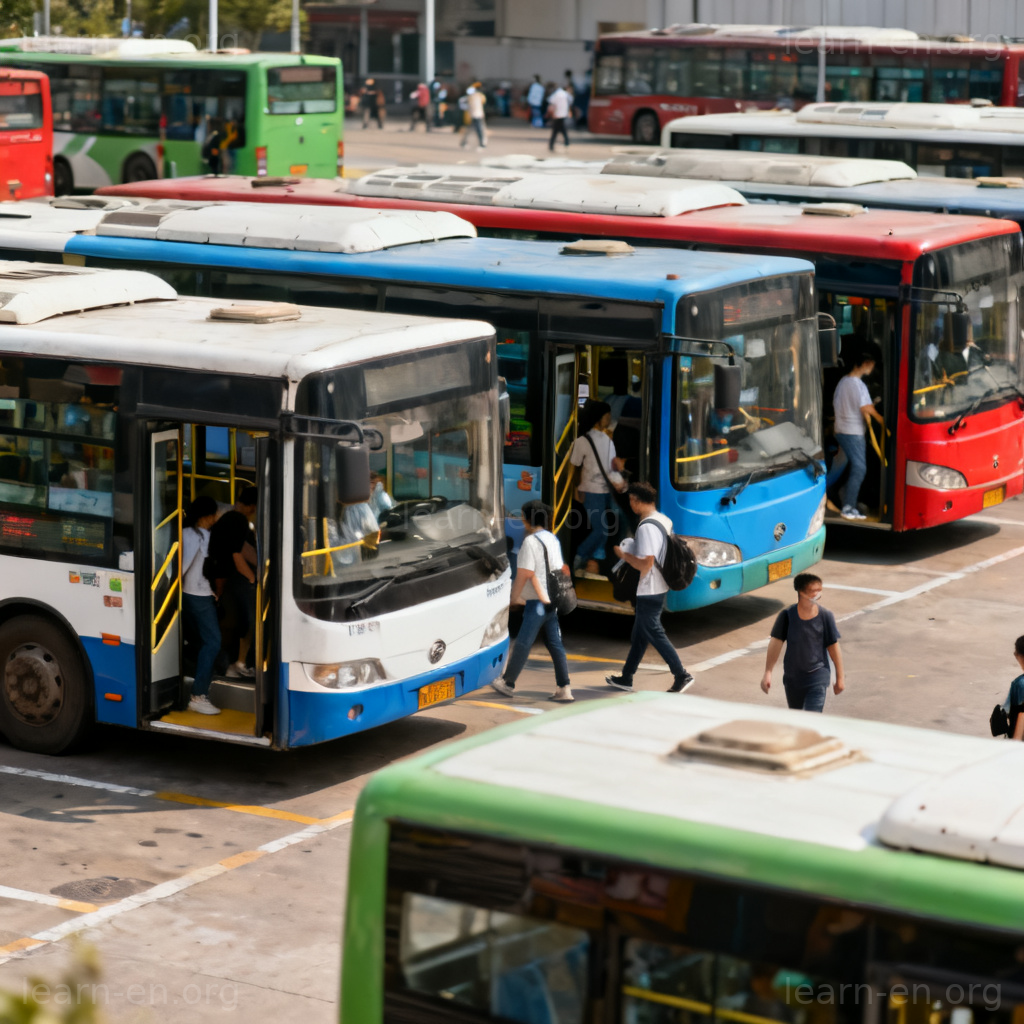 transit 运输含义图解：繁忙城市公交枢纽与人员流动场景