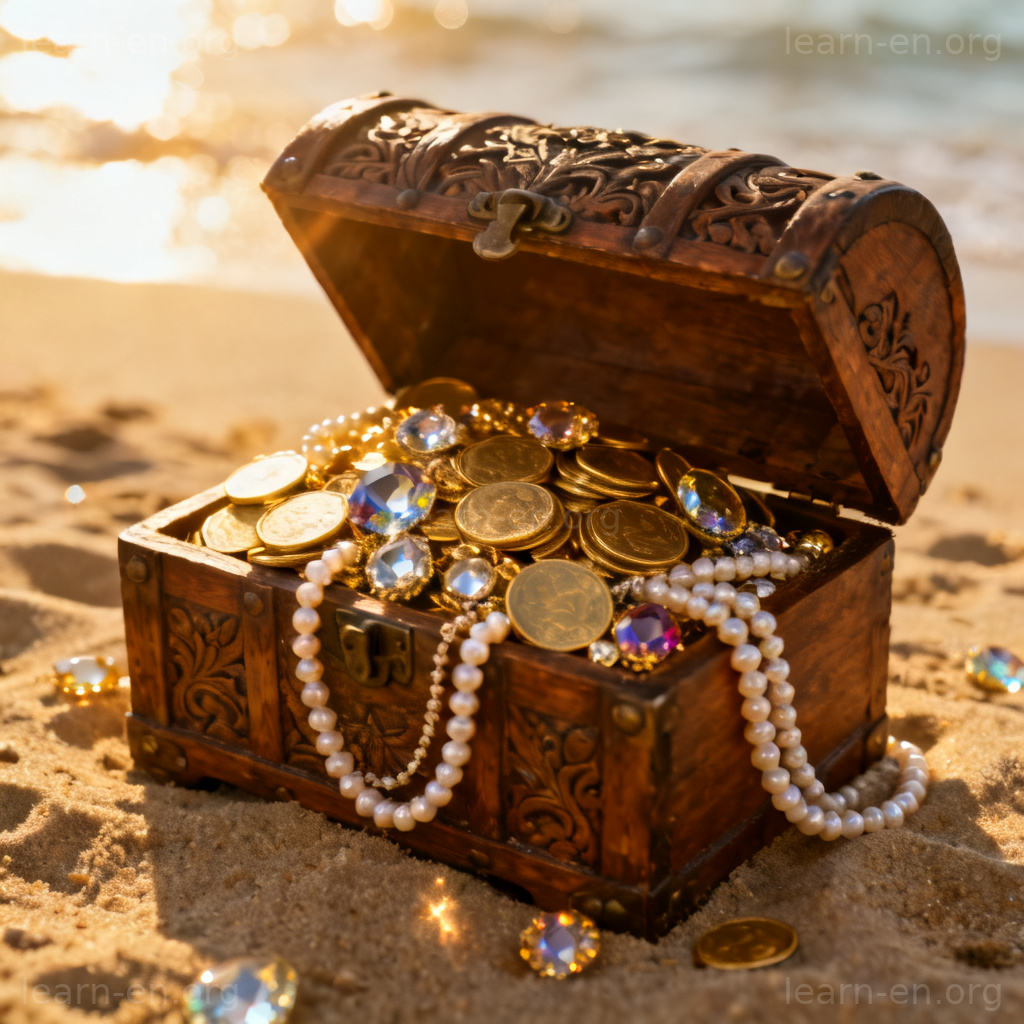 treasure 宝藏图解：沙滩上装满金币珠宝的古典木箱