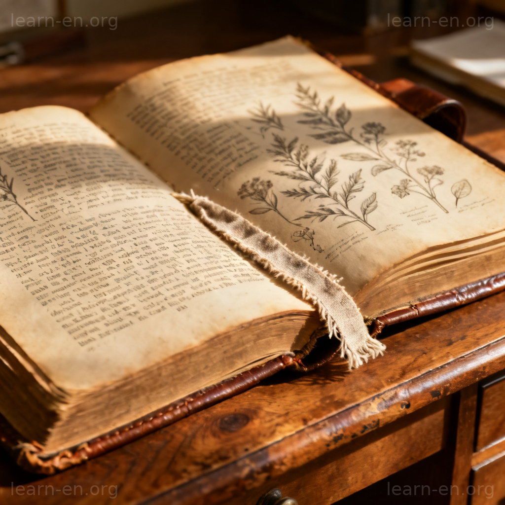 treatise 含义图解：一本摊开的皮革封面专著，内有详细文字与图表
