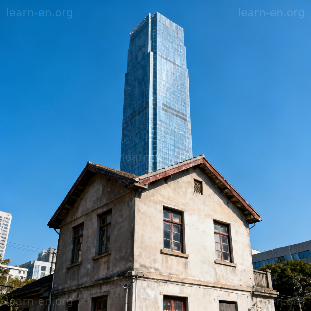 tremendous 含义图解：摩天大楼与小平房的巨大规模对比