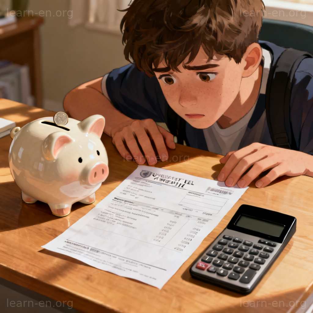 tuition fee 学费图解：学生查看账单与储蓄罐场景