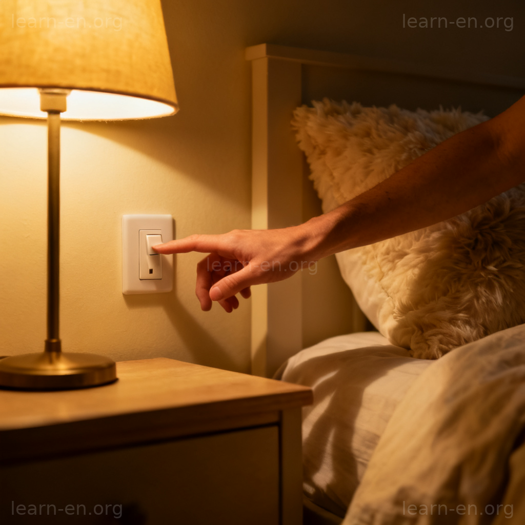 turn off lights 图解：夜晚卧室伸手关灯开关的场景