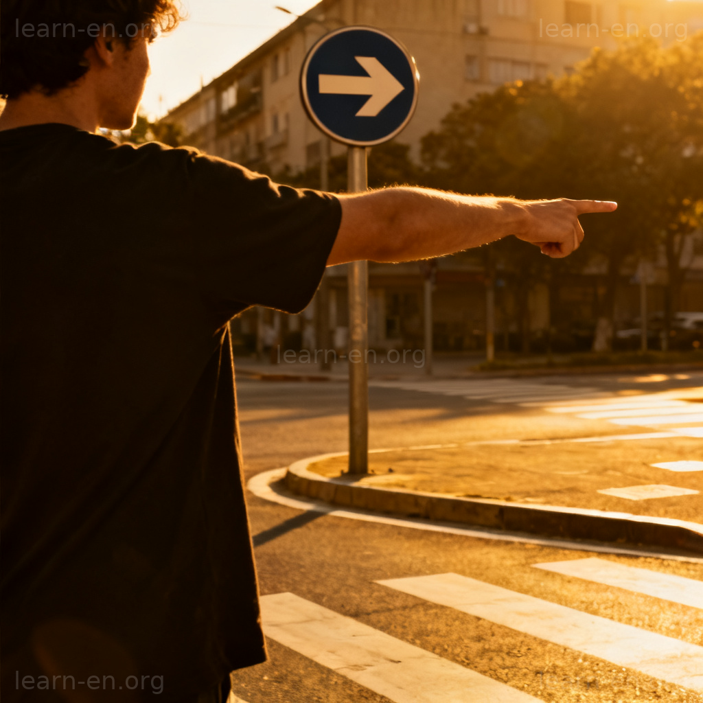 turn right 图解：十字路口行人手臂指向右方，配合右转路标