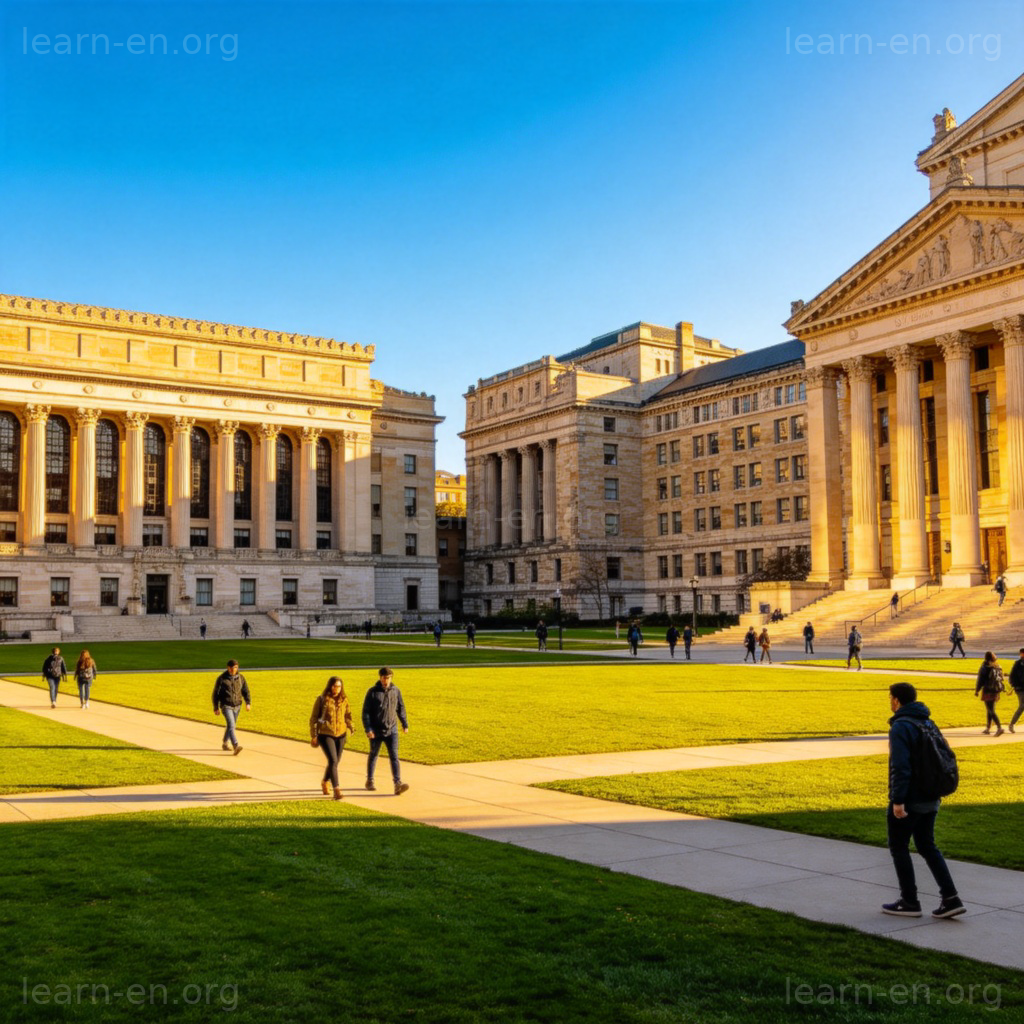 university 图解：古典大学校园全景，展示教学楼与学生活动