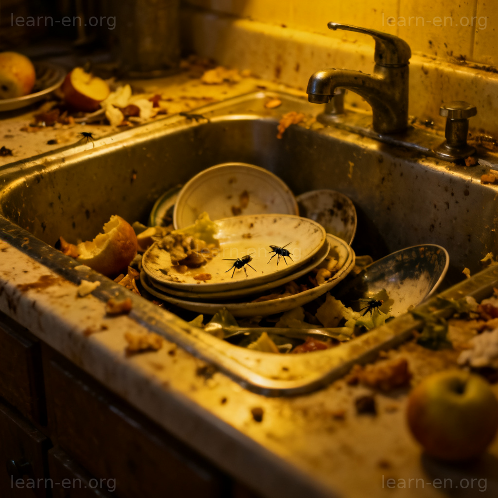 unsanitary 含义图解：脏乱厨房水槽场景，展示不卫生环境