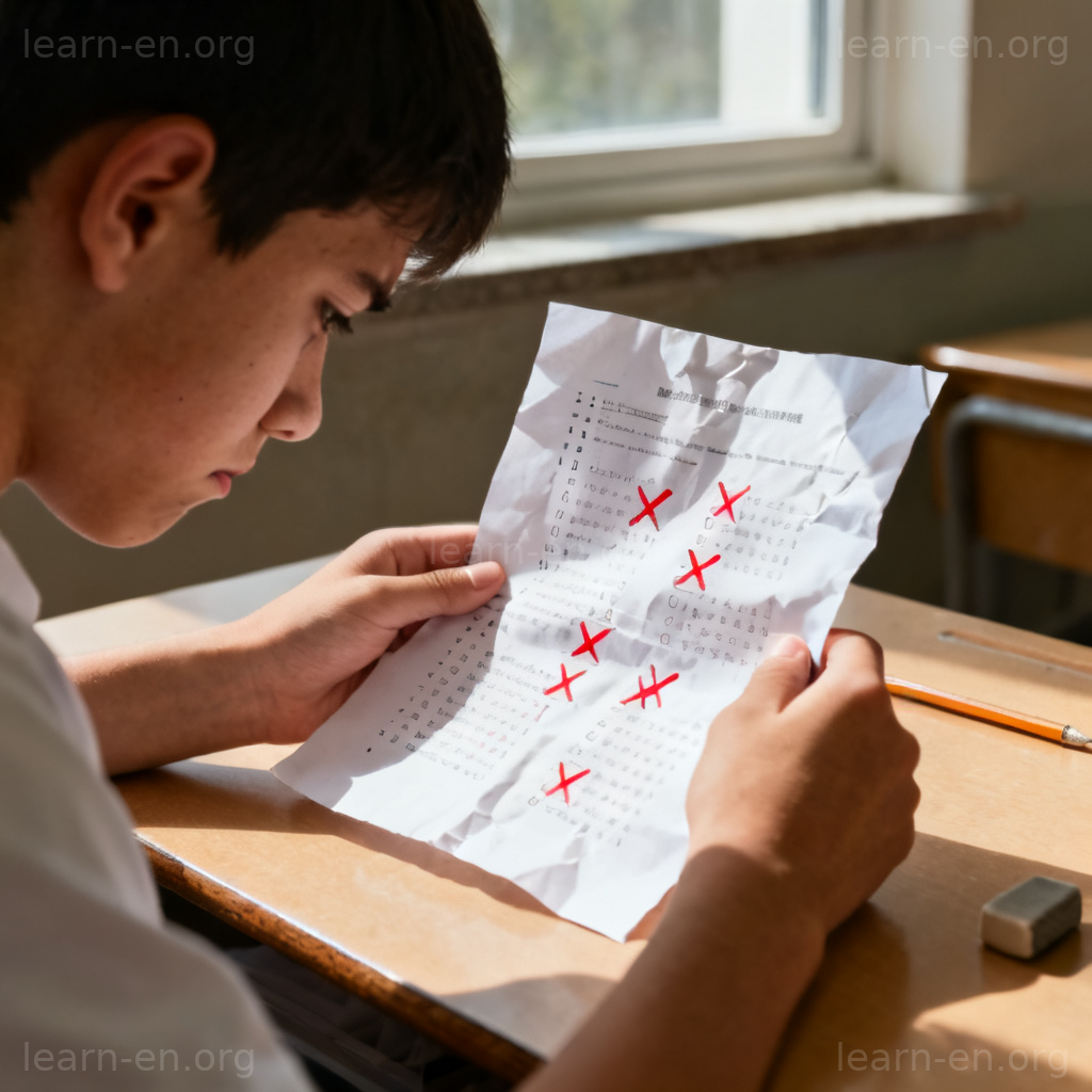 unsatisfactory 图解：学生失望地看着满是红叉的试卷