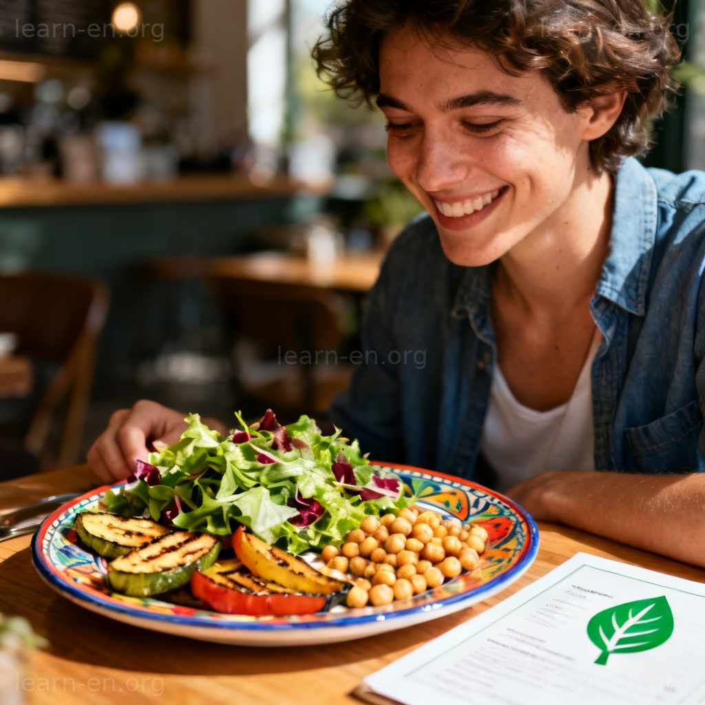 vegetarian 素食主义者图解：人物在咖啡馆享用色彩丰富的素食沙拉