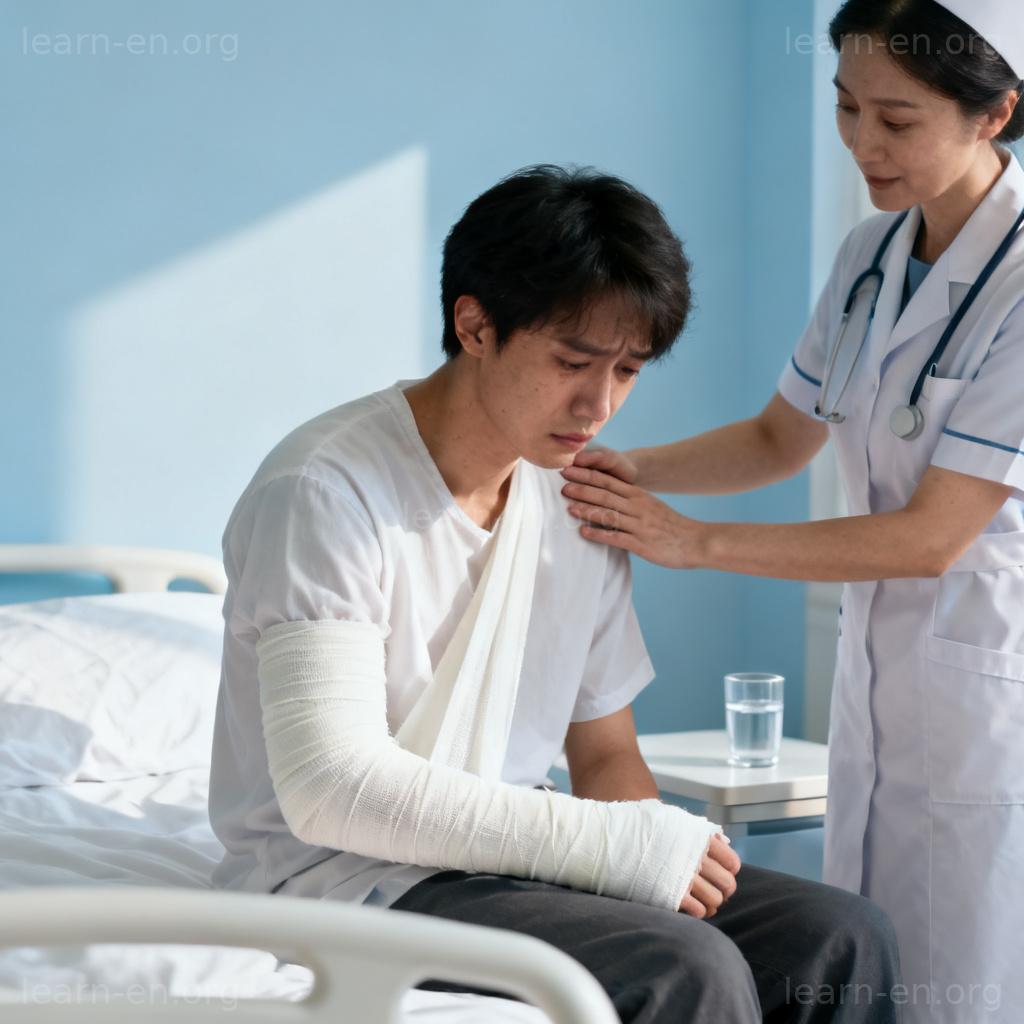 victim 受害者图解：医院中手臂缠绷带的悲伤患者