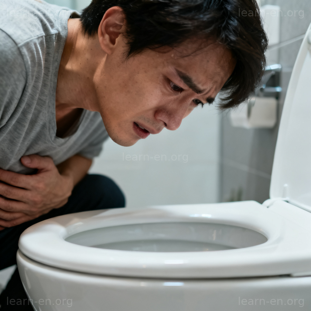 vomit 动词图解：人物在卫生间呕吐的场景
