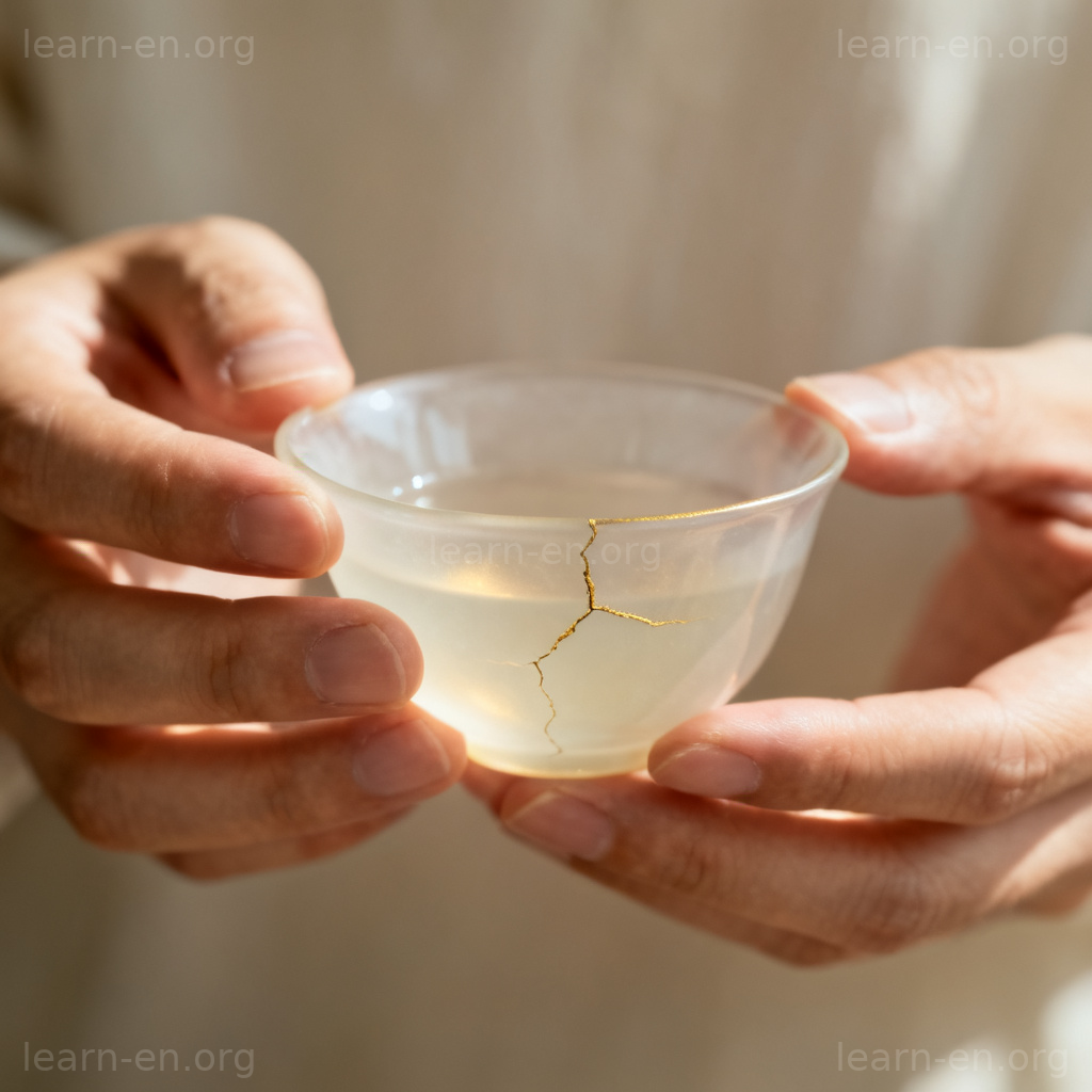 vulnerable 含义图解：双手小心捧着有裂纹的脆弱瓷杯