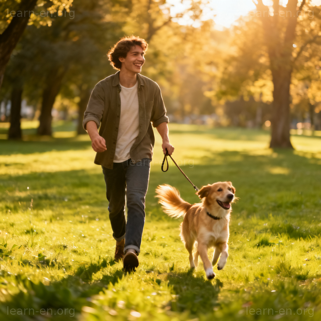 walk the dog 图解：主人在阳光公园用牵引绳遛狗的场景