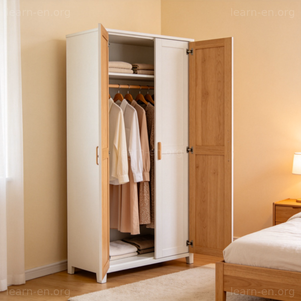 wardrobe 衣柜图解：卧室中的白色双门木质衣柜