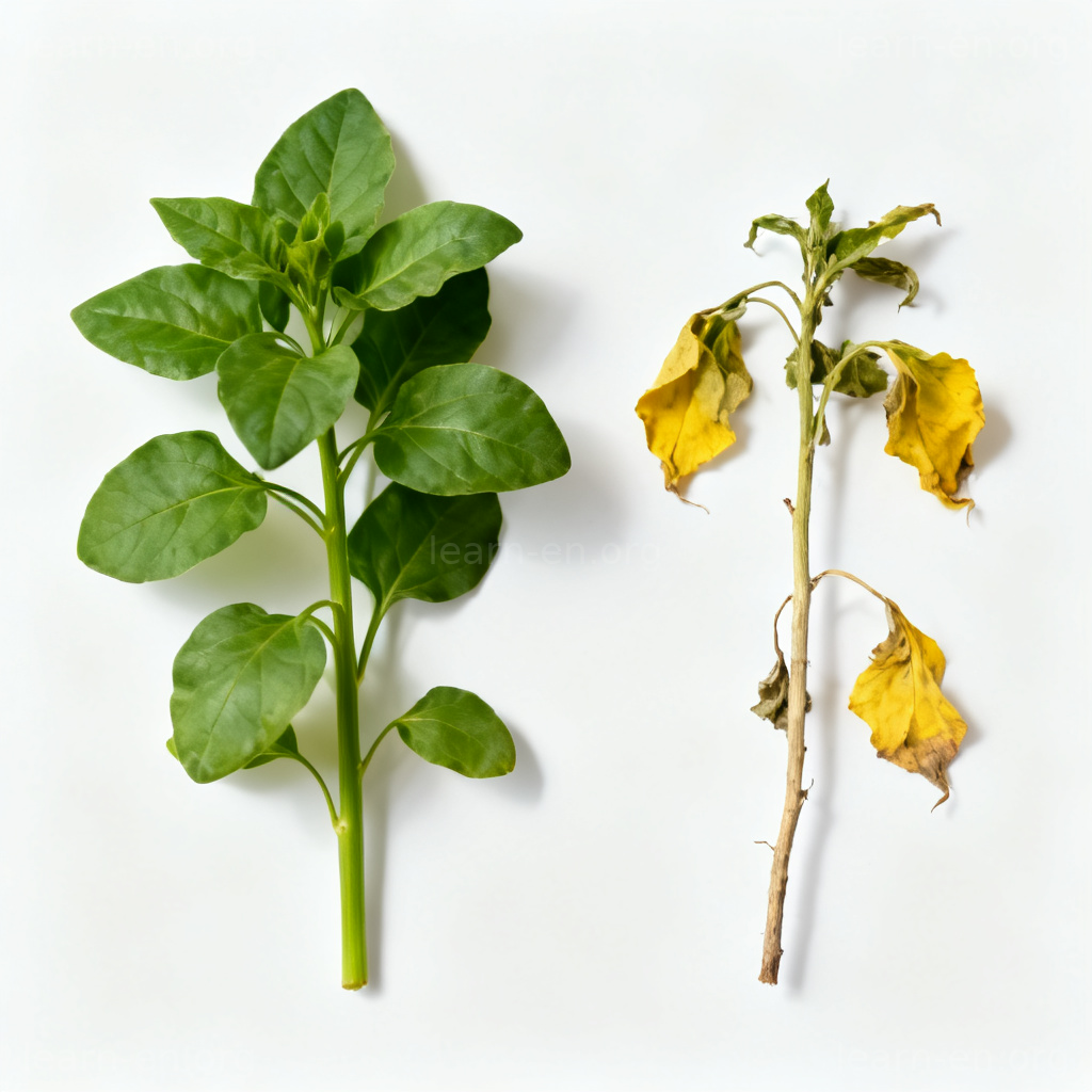 weaken 削弱含义图解：健康植物与枯萎植物对比