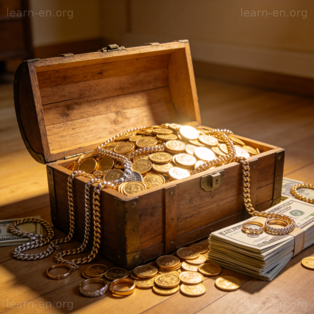 wealth 财富图解：装满金币珠宝的宝箱场景